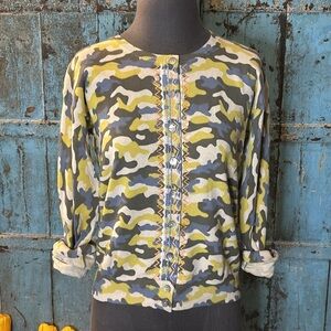 Sundance Camo Print Embroidered Cardigan Sweater Camoflauge Yellow Gray White XS